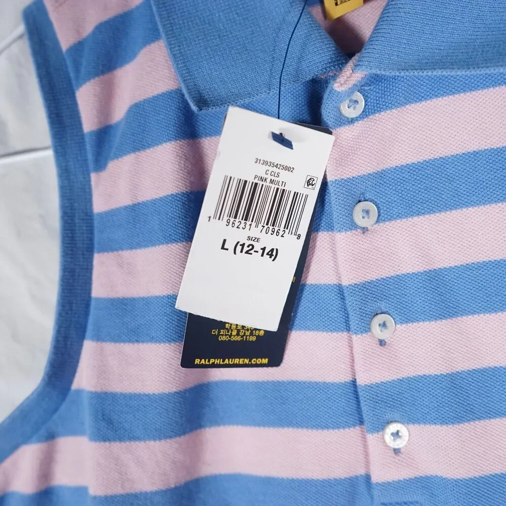 NWT Polo Ralph Lauren Girls Sleeveless Striped Dress Blue Pink Ruffle Large